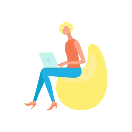 Woman Sitting On Bean Chair And Working On Laptop Isolated Vector Illustration Businesswoman With Notebook Freelance Worker Cartoon Character In Flat Style Illustration