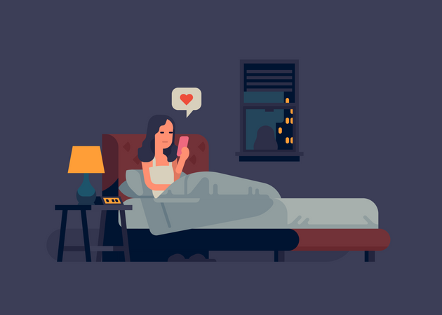 Woman sitting on bed at night checking mobile phone before sleep Illustration