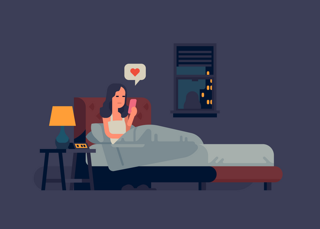 Woman sitting on bed at night checking mobile phone before sleep  Illustration