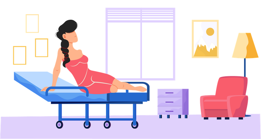 Woman sitting on bed in hospital room Illustration