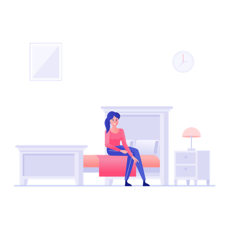 Woman Sitting On Bed in hotel room Illustration