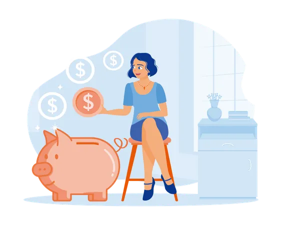 Woman sitting on bench and putting coins into piggy bank  Illustration