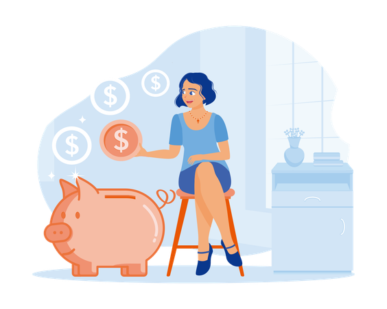 Woman sitting on bench and putting coins into piggy bank  Illustration