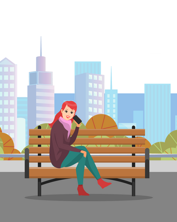 Woman sitting on bench and talking on phone  Illustration