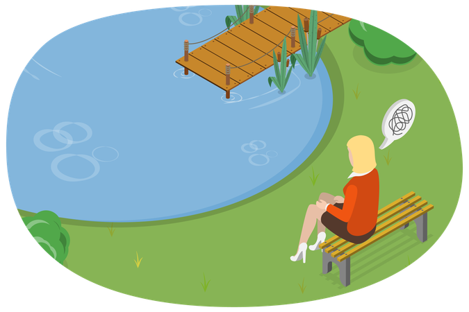 Woman sitting on bench and thinking something  Illustration