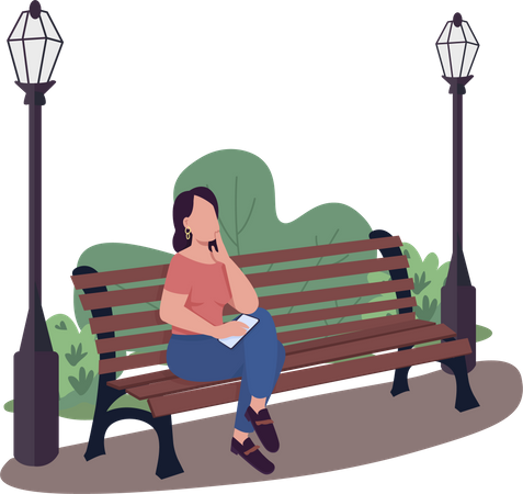 Woman sitting on bench in park Illustration