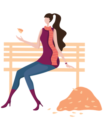 Woman sitting on bench in park Illustration
