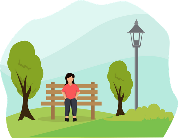 Woman sitting on bench in park  Illustration