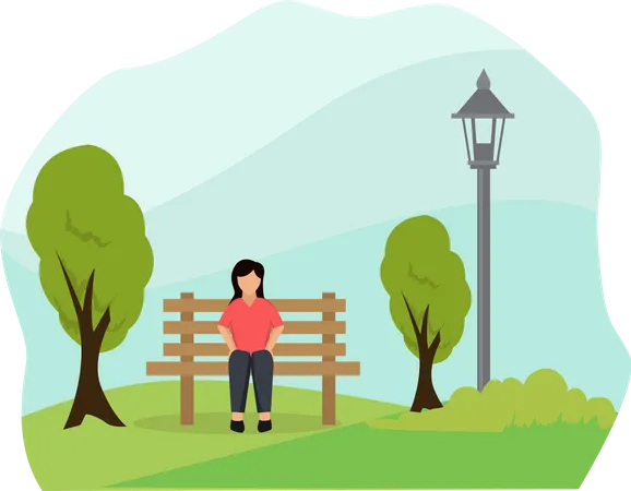 Woman sitting on bench in park  Illustration