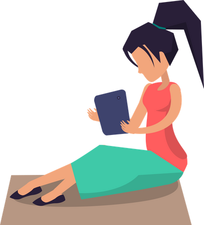 Woman sitting on blanket at lawn and working with laptop  Illustration