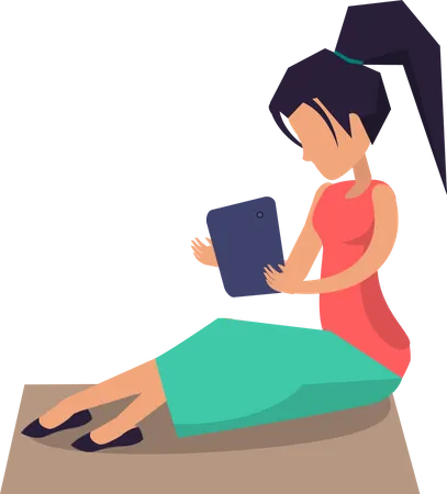 Woman sitting on blanket at lawn and working with laptop  Illustration