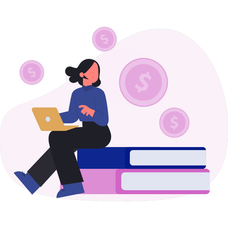 Woman sitting on book and looking coin  Illustration