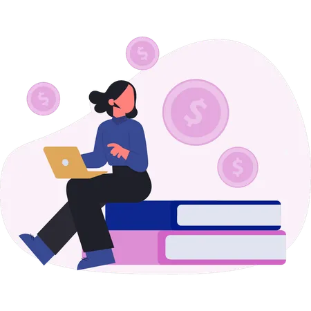 Woman sitting on book and looking coin  Illustration