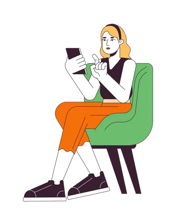 Woman Sitting On Chair Flat Line Color Vector Character Editable Outline Full Body Person On White Caucasian Lady Typing On Smartphone Simple Cartoon Spot Illustration For Web Graphic Design Illustration