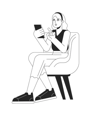 Woman Sitting On Chair Flat Line Black White Vector Character Editable Outline Full Body Person Caucasian Lady Typing On Smartphone Simple Cartoon Isolated Spot Illustration For Web Graphic Design Illustration