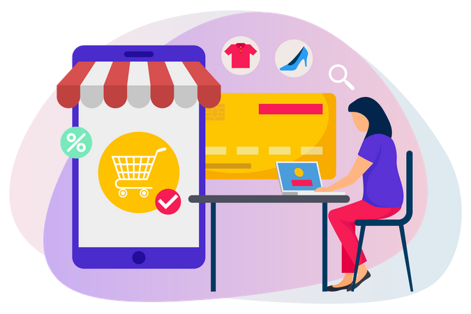 Woman sitting on chair adding items in cart and doing payment for online shopping  Illustration