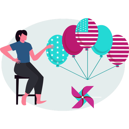 Woman  sitting on chair and pointing celebration balloon  Illustration