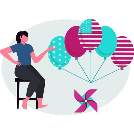 Woman  sitting on chair and pointing celebration balloon  Illustration