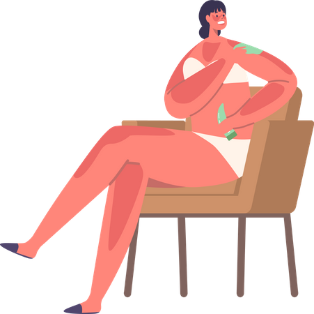 Woman sitting on chair applies sunburn cream  Illustration