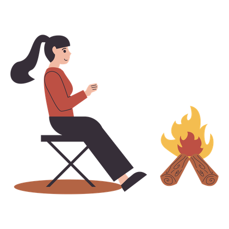 Woman sitting on chair near campfire  Illustration