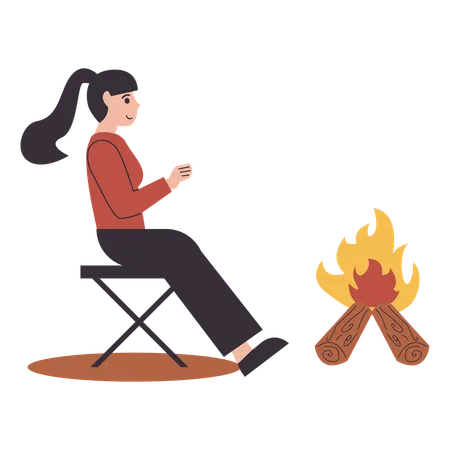 Woman sitting on chair near campfire  Illustration