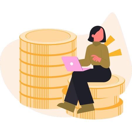 Woman sitting on coin and using laptop  Illustration