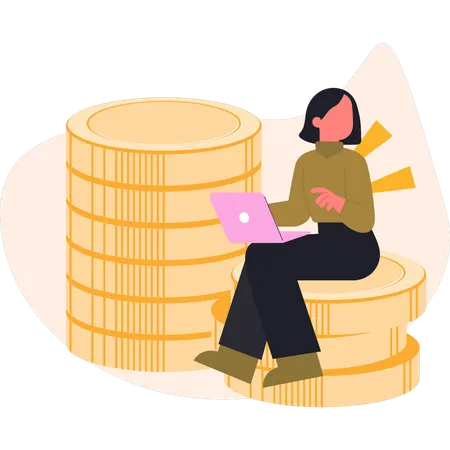 Woman sitting on coin and using laptop  Illustration