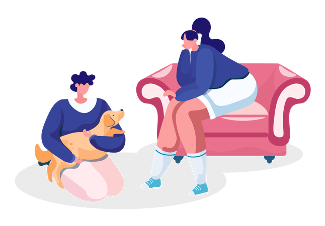 Woman Sitting on Cosy Sofa playing with cat  Illustration