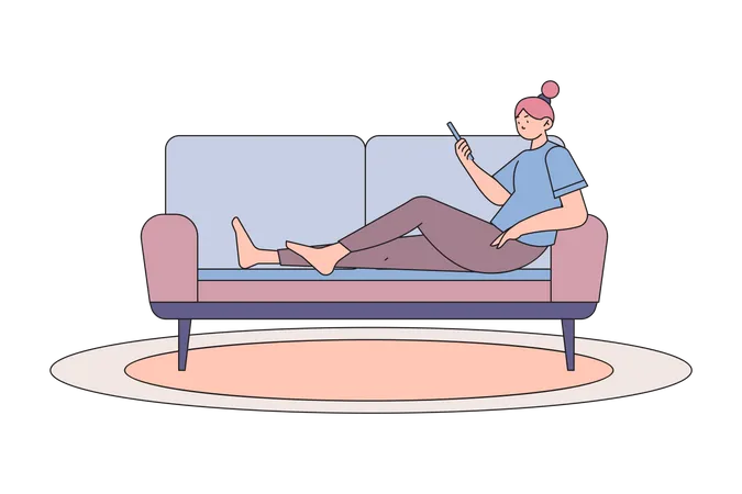 Woman Sitting On Couch using mobile at home  Illustration