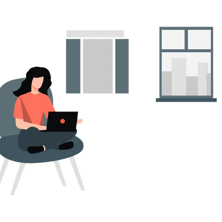 Woman sitting on couch and doing freelancing job  Illustration