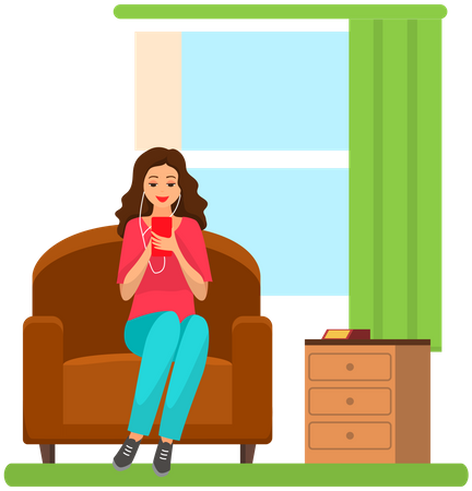 Woman sitting on couch and listening to music Illustration