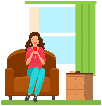 Woman sitting on couch and listening to music  Illustration