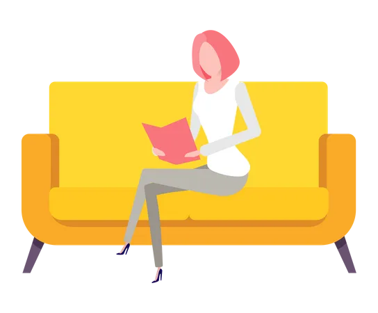 Woman sitting on couch and reading book  Illustration