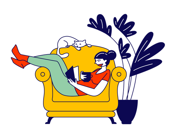 Woman sitting on couch and reading book  Illustration