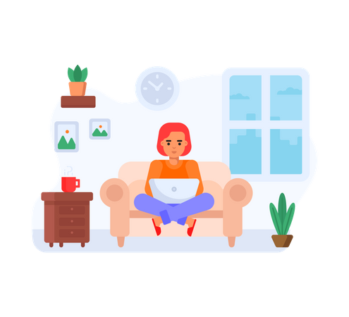 Woman sitting on couch and working from home Illustration