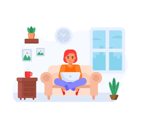 Woman sitting on couch and working from home  Illustration