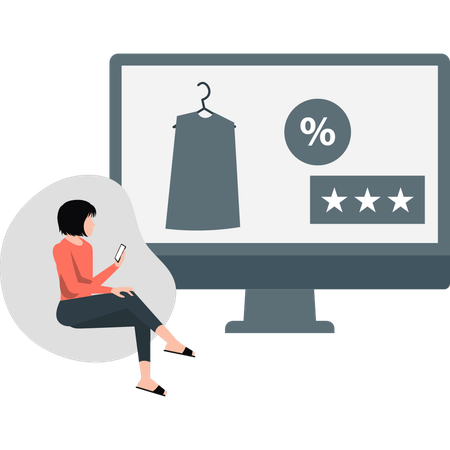 Woman sitting on couch looking shopping star rating  Illustration