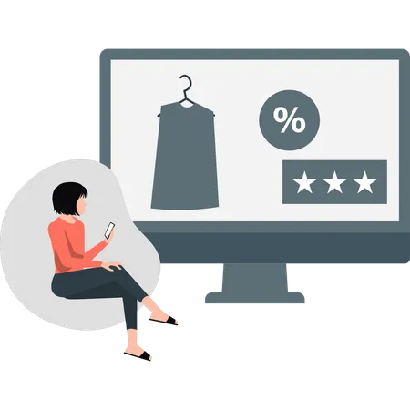 Woman sitting on couch looking shopping star rating  Illustration