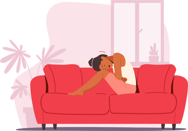 Woman sitting on couch while feeling extreme cramps Illustration