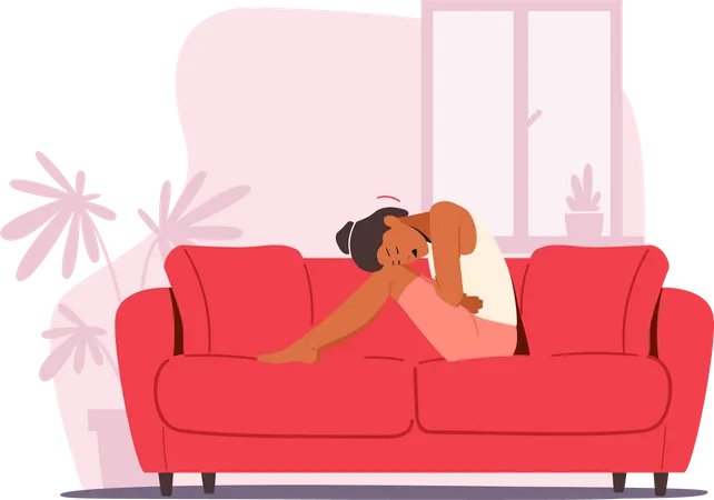 Woman sitting on couch while feeling extreme cramps  Illustration