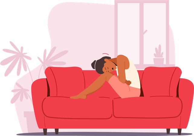 Woman sitting on couch while feeling extreme cramps  Illustration