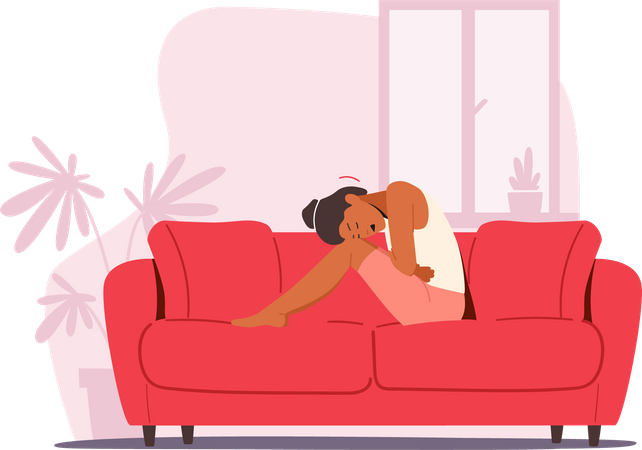 Woman sitting on couch while feeling extreme cramps  イラスト