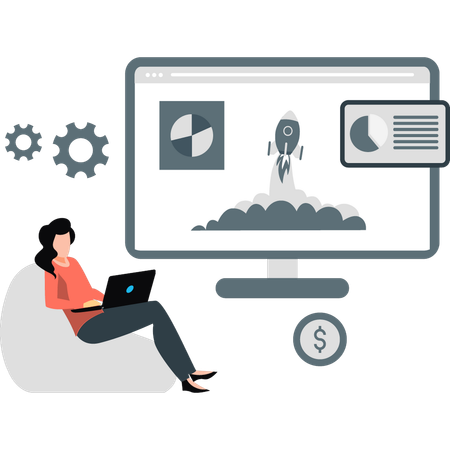 Woman sitting on couch working startup application  Illustration