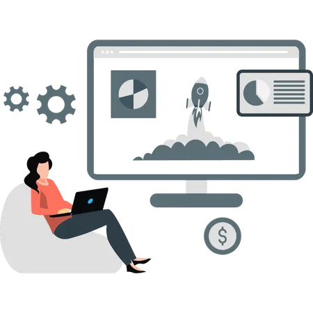 Woman sitting on couch working startup application  Illustration