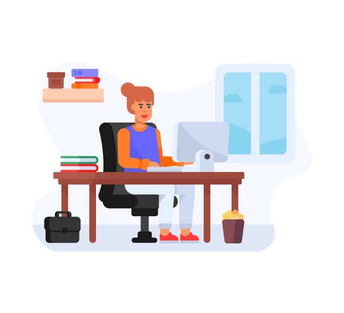 Woman sitting on desk and working on computer  Illustration