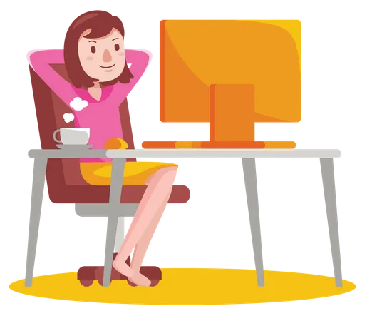 Woman sitting on desk front of computer with coffee cup for work  Illustration