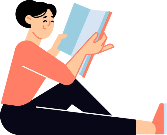 Woman sitting on floor while reading book  Illustration