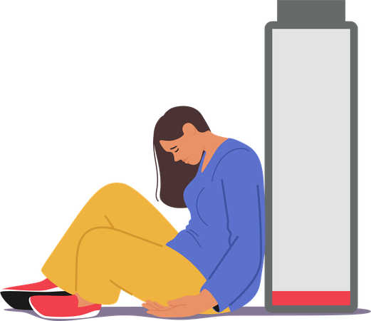 Woman Sitting On  Floor With Her Head Down Next To Empty Battery  Illustration