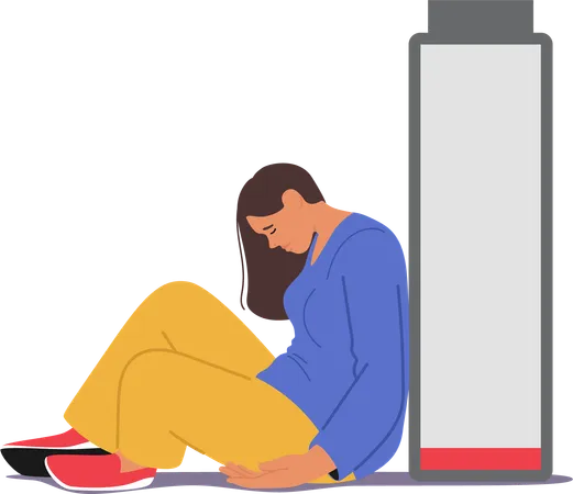 Woman Sitting On  Floor With Her Head Down Next To Empty Battery  Illustration