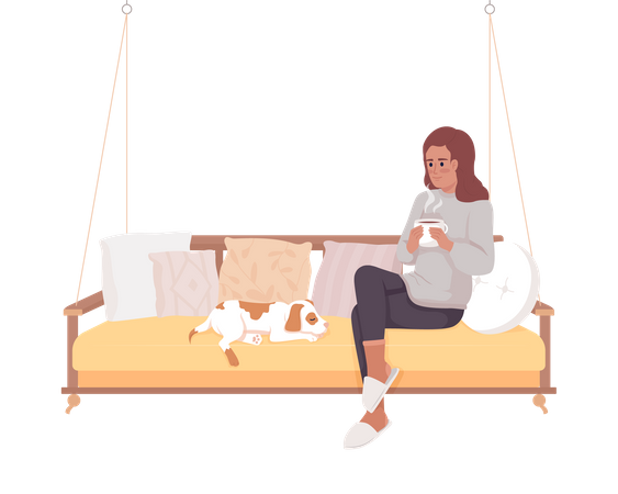 Woman sitting on garden swing with dog and coffee Illustration